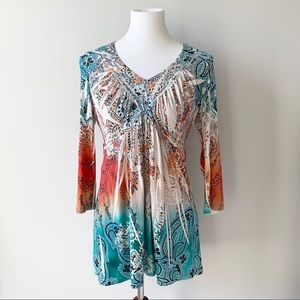 Oneworld Multicolor V-Neck Top Size Small